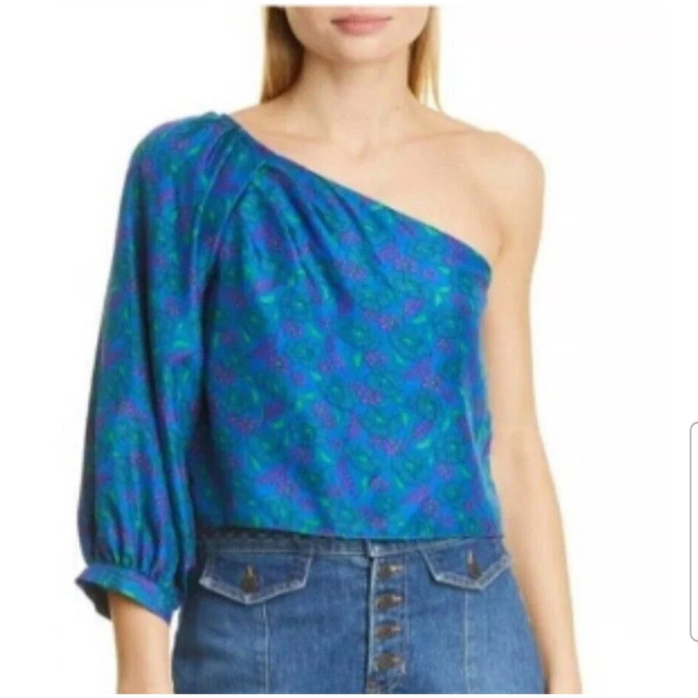 Veronica Beard Lyric Blue Floral Silk One Shoulder Blouse Size 4